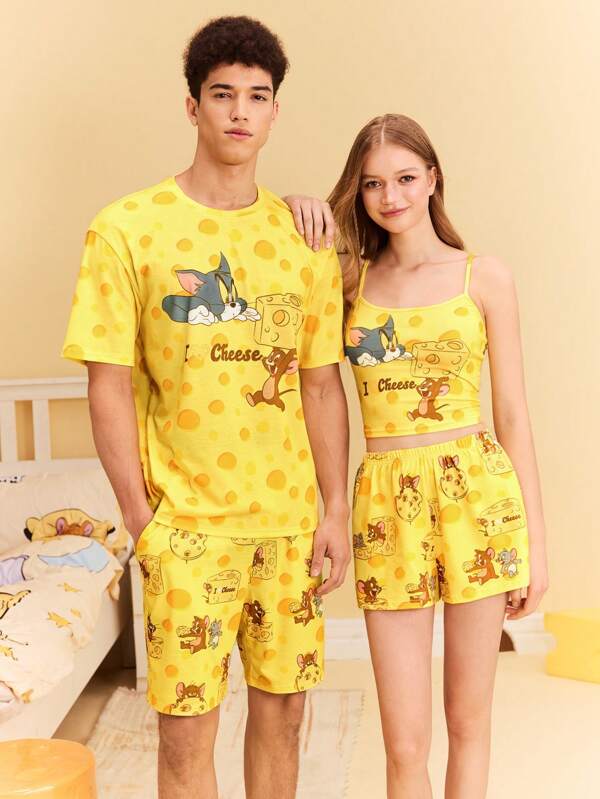 TOM & JERRY X SHEIN Herren Süßer Cartoon & Käse Muster Kurzarm Top und Shorts Pyjama Set, Sommer