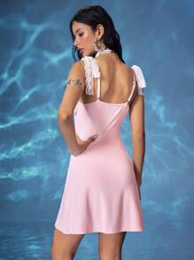 ROMWE Kawaii Women's Summer Elegant Lace Patchwork Mini Dress - Pink - View 3