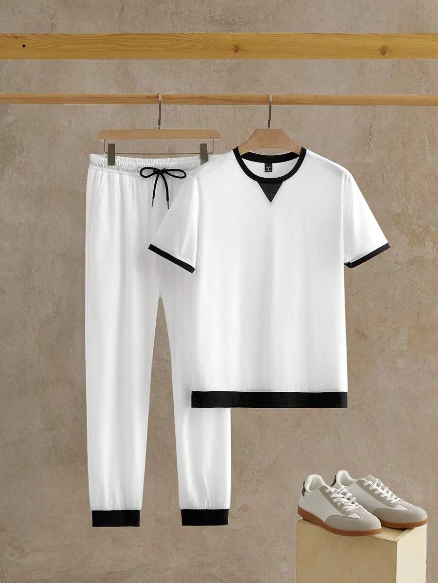 Manfinity VCAY 2 Pcs Set Men Casual Knitted Piecing 2 In 1 Raglan Short Sleeve T-Shirt Set - White - View 1