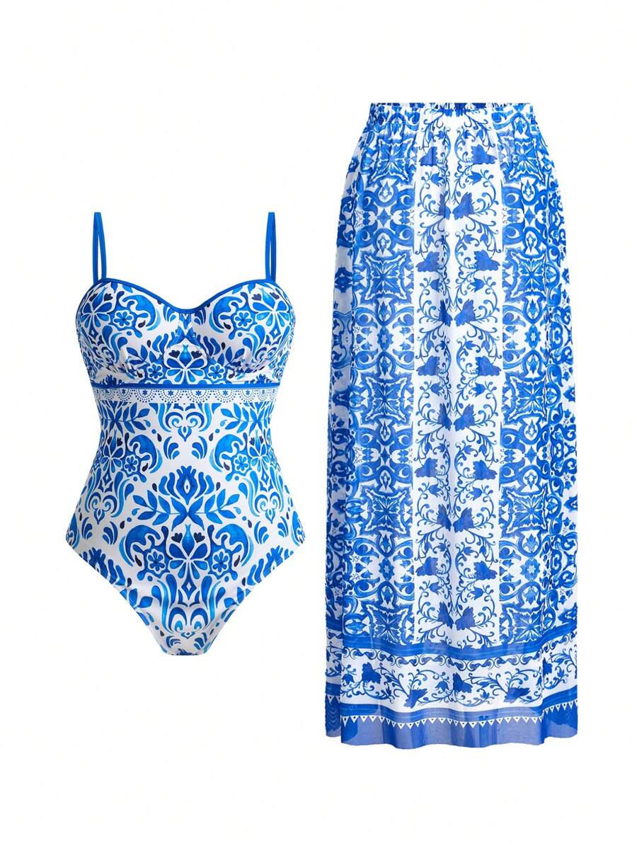 Swim Oasis 加大码女式两件套印花系带吊带背心连体泳衣，搭配印花长纱笼裙