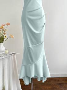 Elamini 女式纯色褶饰鱼尾下摆优雅挂脖连衣裙 - 淺藍色 - 查看 6