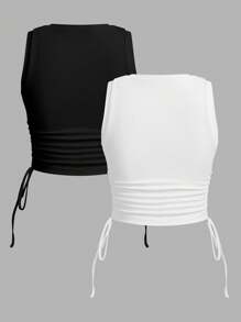SHEIN EZwear 两件套罗纹蝴蝶结抽绳褶饰短款背心 - 彩色 - 查看 2