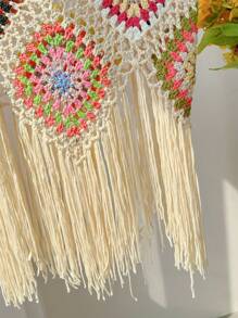 Skyraze Parte superior de punto de tirantes con flecos calados (color de estampado aleatorio), Blusa de verano para mujeres, Cubrecosturas de punto floral calado, Salida de playa de verano