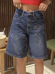 DAZY Women's Summer Loose Bowknot Rhinestone Design Casual Denim Shorts - Dark Wash - View 5