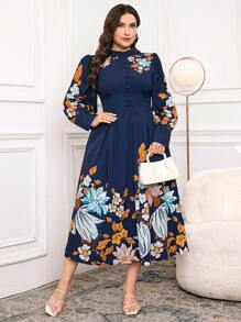 Modelyn Abito lungo elegante con maniche lunghe e stampa floreale per taglie forti per uso quotidiano