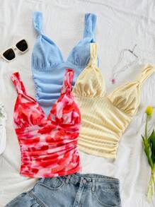 Soleia Set da 3 pezzi di top a canottiera estivi casual e romantici con nodo, colori: giallo, rosso, azzurro chiaro, adatti per vacanze, appuntamenti, tè pomeridiano, vacanze, festival musicali, stile bohémien, outfit da spiaggia estiva