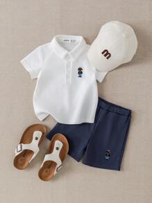 PrepCrw Baby Boys Collegiate Style Embroidered Polo Collar T-Shirt And Shorts Set School Tops Cute Tops For School Back To School Outfit Back To School Clothes Boys Back To School Clothes Teen First Day Of School Outfits Back To School Boys - Blue and White - View 7
