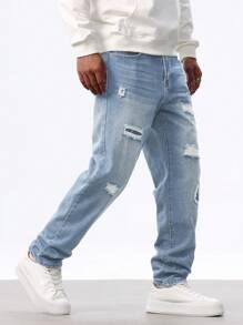 Manfinity Homme Jeans casual da uomo lavati e strappati, vestibilità affusolata, jeans da uomo casual da strada