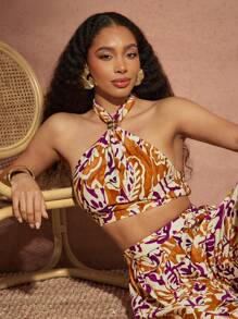 Vixey Áo hở lưng cổ yếm họa tiết nhiệt đới với điểm nhấn kim loại vàng, thích hợp cho kỳ nghỉ, phong cách boho, du lịch đảo, đi biển, đồ dùng cần thiết khi đi biển. - Nhiều màu - Xem 3