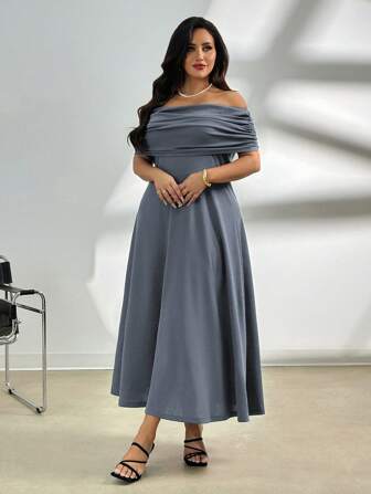 Firerie 大码女式露肩褶皱喇叭形 A 字形无袖长裙，舒适休闲优雅通勤弹力，春夏