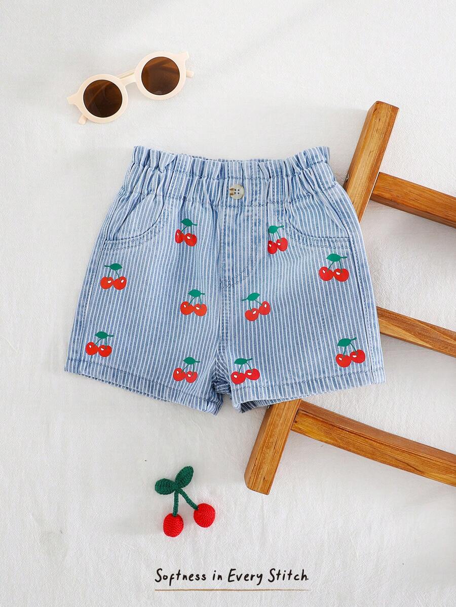 Cozy Pixies Baby Girl Fruit Pattern Elastic Waist Casual Shorts, Versatile And Comfortable