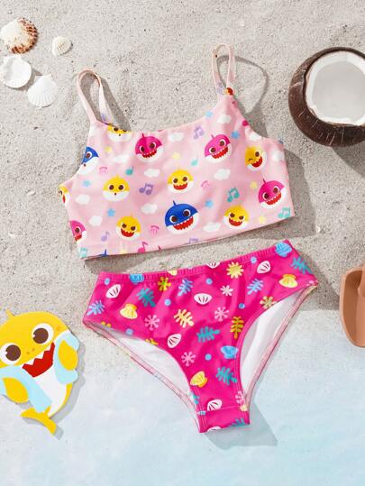 BABY SHARK X SHEIN Tween Girl Colorful Cartoon Shark Print Spaghetti Strap Top & Bikini Set, Cooling For Summer
