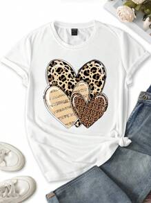 INAWLY Romantic And Lovely Heart Shaped Casual Women T-Shirt Graphic Cheetah Print Tees Women Tops - White - View 3
