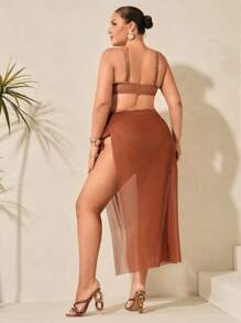 Swim Oasis 3pcs Plus Size Women Metal Decor Tankini Swimsuit Set With Sarong Pareo Coverup, Casual Beach Outfit, Summer - Brown - View 2