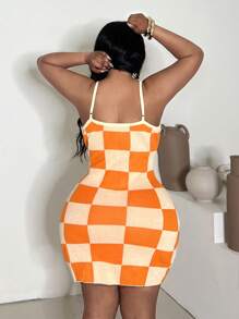 Slaydiva Abito casual a maglia aderente con fantasia a quadri e bretelle, taglie forti