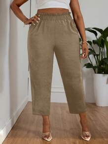 SHEIN PETITE CURVE Plus Size Solid Color Paper Bag Waist Casual Trousers For Women, Summer,Summer Pants