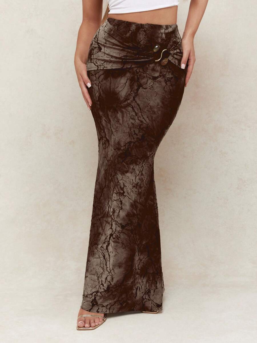 MISSGUIDED Falda larga de malla con estampado floreado para ocasiones especiales, fiestas de noche, bodas, elegante, con abertura, para dama de honor, moderna, apta para otoño, invierno y primavera - Marrón - Ver 1