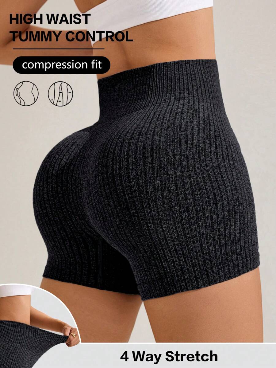 Easithlete Pantalones cortos deportivos de yoga de punto sin costuras, de alta elasticidad - Gris Oscuro - Ver 1