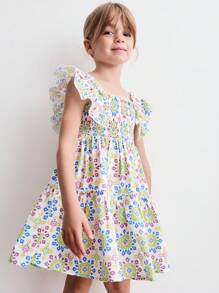 SHEIN Young Girls Floral Print Ruffle Hem Vacation/Holiday Dresses, Summer - Multicolor - View 1