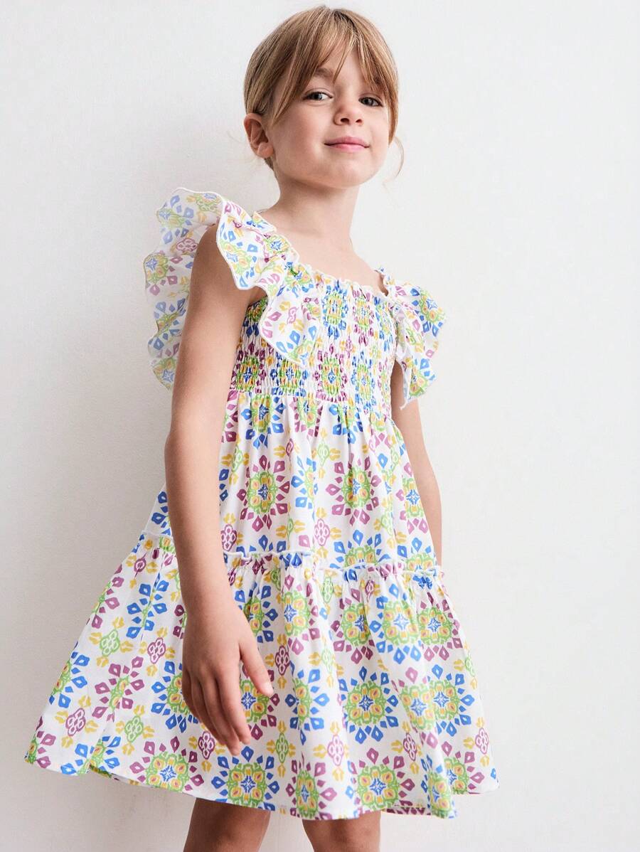 SHEIN Young Girls Floral Print Ruffle Hem Vacation/Holiday Dresses, Summer - Multicolor - View 1