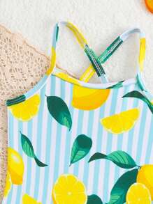 SHEIN 1pc Baby/Girl Strawberry Print Swimsuit With Skirt Yellow Outfit Baby Yellow Dress Baby Summer Baby Clothes Girl Baby Summer Clothes Girl Summer Baby Girl Clothes - Multicolor - View 3