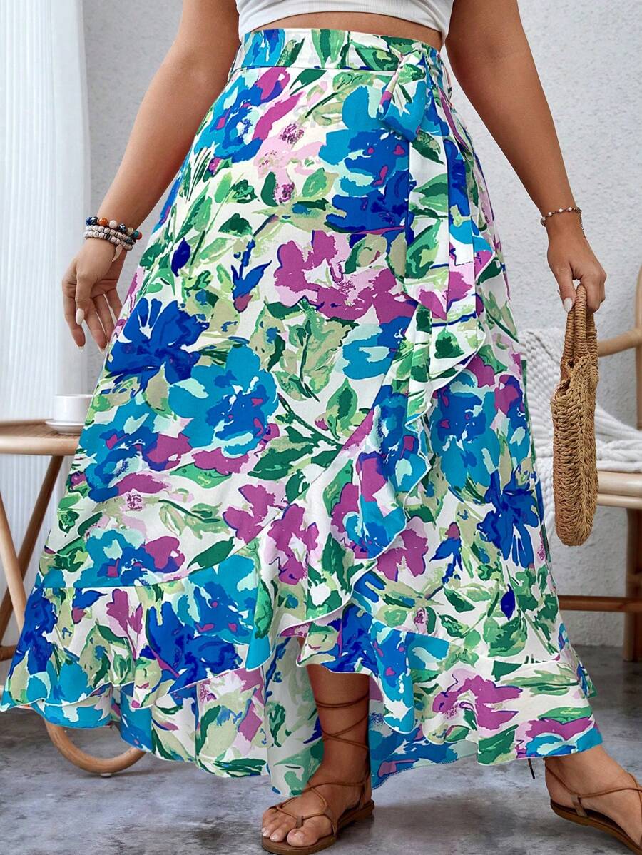 SHEIN VCAY Plus Allover Floral Print Ruffle Trim Wrap Knot Side Summer Skirt - Blue - View 1