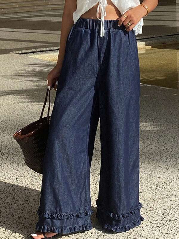 DAZY Jeans a vita alta e gamba larga in stile western da donna, con orlo floreale, vita elastica, pantaloni casual estivi