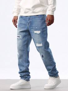 Manfinity Homme Men's Distressed Denim Jeans, Fashionable For Summer - Medium Wash - View 5