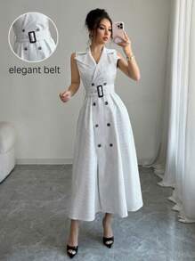 Elenzga Abito estivo da donna elegante con colletto a camicia, decorato con bottoni e cintura, a righe senza maniche