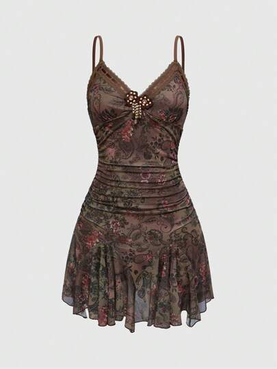 Hippie Plus Size Women Vintage Boho Floral Lace Ribbon Midi Dress With Ruffle Trim