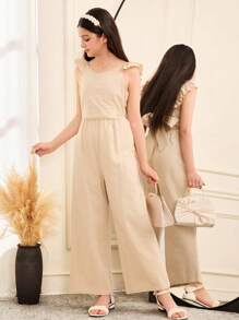 SHEIN Leap Crew Tween Girl Casual Ruffle Trim Backless Jumpsuit - Apricot - View 6