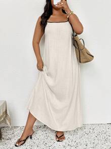 Elaquor Plus Size Colorblock Trim Open Back Summer Casual Cami Dress - Apricot - View 2