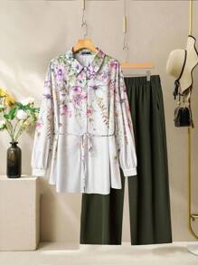 Modelyn 2 Pieces Plus Size Set: Solid Color Long Sleeve Shirt & Long Trousers, Fashionable For Summer - Multicolor - View 7