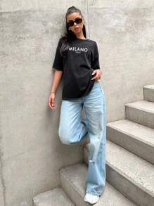Muchica Camiseta de manga corta y cuello redondo de algodón 100% holgada con lavado vintage y gráfico "Milano Italy", adecuada para el verano