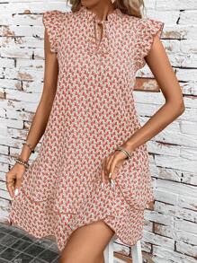 SHEIN Clasi 女士几何印花荷叶边系领短袖中长连衣裙