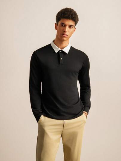 SWAVVY Men Contrast Collar Half Button Placket Sweatshirt, Long Sleeve Casual Nice Urban Color Block Top, For Friends, For Fall Winter