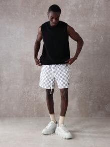 SUMWON 棋盘格印花运动尼龙短裤抽绳腰部常规版型夏季沙滩运动松紧腰带轻便训练健身休闲短裤日常穿着 - 彩色 - 查看 3