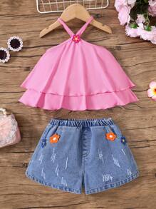SHEIN 2pcs/Set Young Girl Casual Simple Comfortable Halter Neck Floral Applique Ruffle Trim Tank Top And Denim Shorts