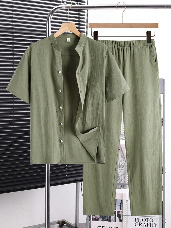 SHEIN 2 pièces Ensemble chemise à manches courtes et pantalon ample, casual, polyvalent et confortable, col montant, tissu tissé, abordable, pour adolescents garçons