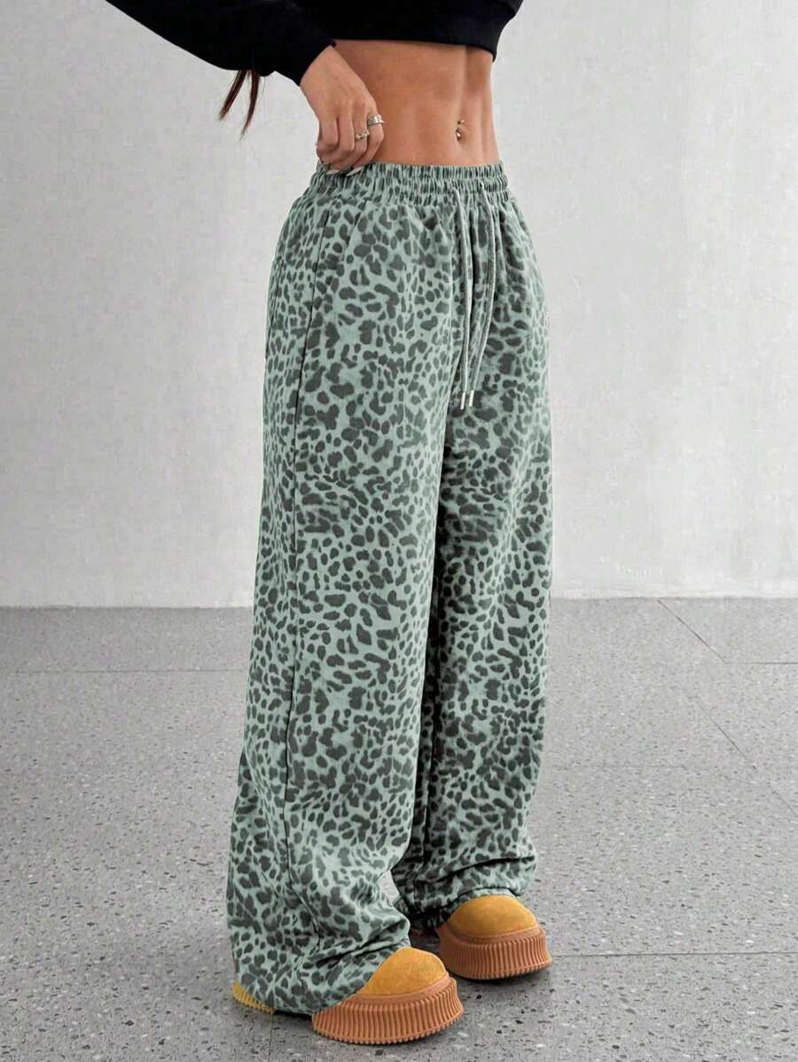 SHEIN PETITE Quần ống đứng rộng rãi họa tiết da báo cho nữ, quần dài thường ngày cao cấp giúp thon gọn - Màu xanh nhạt - Xem 1