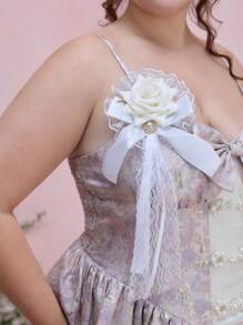 ROMWE Kawaii 1 pieza Vintage Clip de pelo con gran lazo de perla y rosa blanca, Clip de pelo con cinta de encaje blanco estilo Rococó dulce, Accesorio de pelo hecho a mano para fiesta de té Lolita, Pinza de pelo, Pasador de pelo