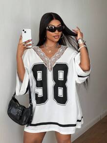 Maweii Plus Size Casual Sports Lace Patchwork Contrast Color T-Shirt - White - View 2