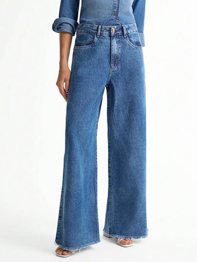 Daynim Calça Jeans Feminina Wide Leg Barra Desfiada