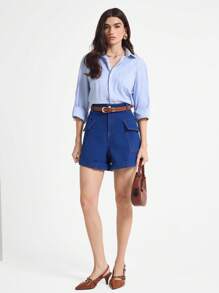 Daynim Women's Commuter Style Flip-Pocket Denim Shorts Going Out Pants - Dark Wash - View 4