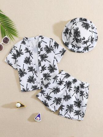 SHEIN Conjunto de traje de baño con sombrero para niño pequeño, de tela tejida con estampado de palmera, adecuado para vacaciones