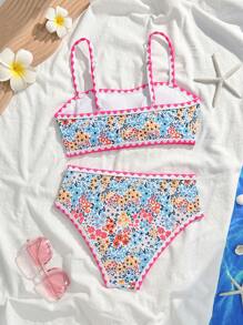 SHEIN Tween Girl Ditsy Floral Bandeau 比基尼套装，适合海滩、度假、复古、海洋、优雅、可爱 - 彩色 - 查看 2