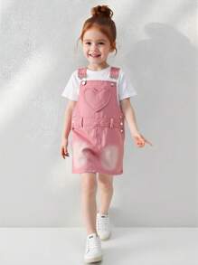 年轻女孩牛仔工装裤连衣裙，粉色无袖休闲时尚连衣裙