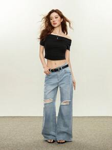 Rina Fox Casual Everyday Distressed Flared Denim Jeans - Light Wash - View 3