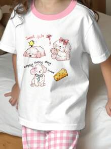 Young Girls Puppy Cartoon Print Pink Plaid Casual Loose Round Neck Short Sleeve Loungewear Set, Suitable For Summer - Multicolor - View 3