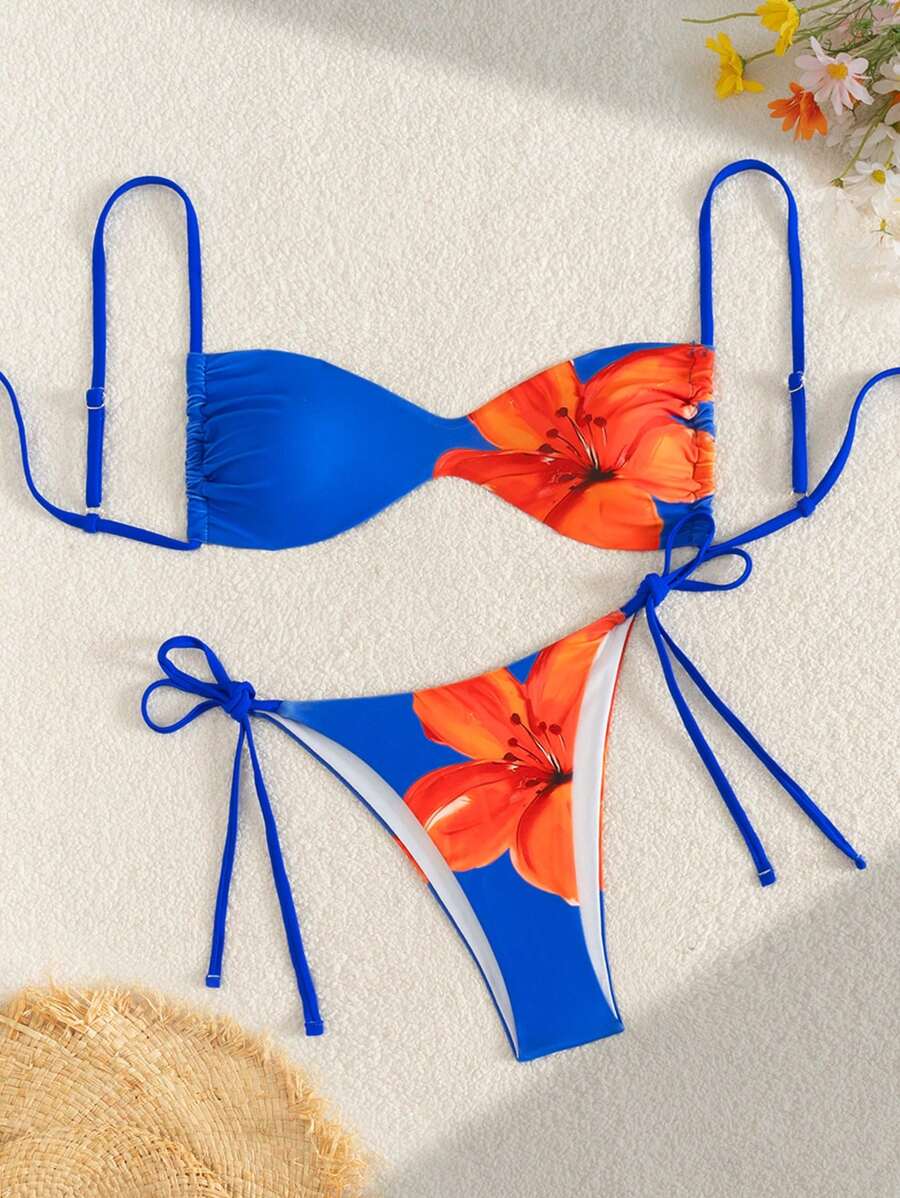 Swim Mod 2 بدلة سباحة بيكيني مزخرفة بطباعة مائية زرقاء وردية للمناسبات العطلات أو الشاطئ أو المسبح' - الأزرق - مشاهدة 1